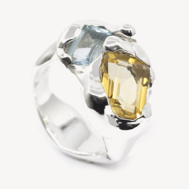 silver ring with topaz and citrine
